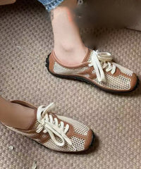 Black Breathable Mesh Splicing Cowhide Leather Flat Shoes