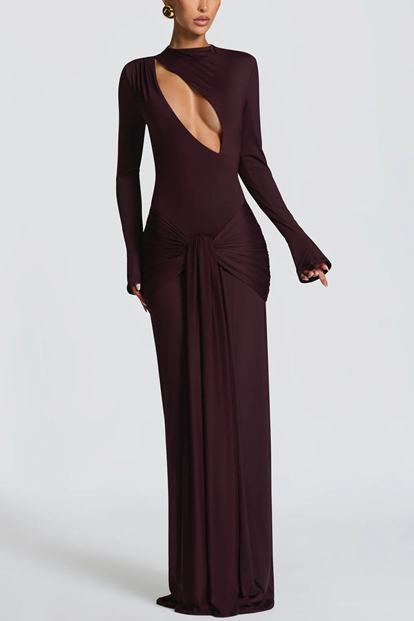 Cutout Fitted Long-sleeved Pleated Satin Ribbon Maxi Dresses
