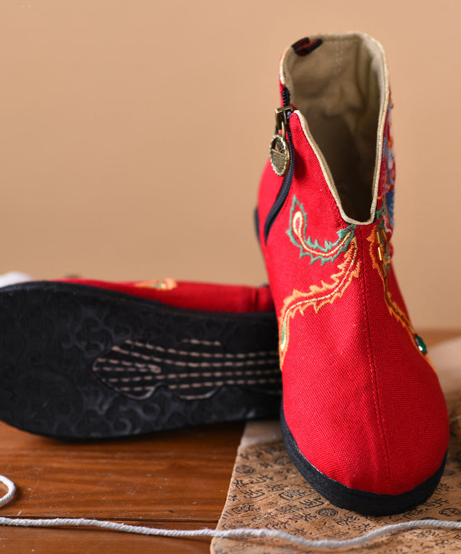 Black Embroideried Boots Cotton Fabric Zippered Ankle Boots