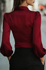 Satin V-neck Long-sleeved Casual Tie-waist Shirt