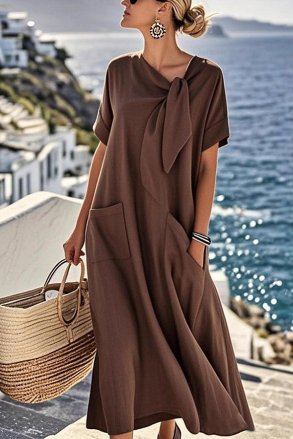Solid Color Casual Short-sleeved Tie Round Neck Loose Pocket Mid-length Dress