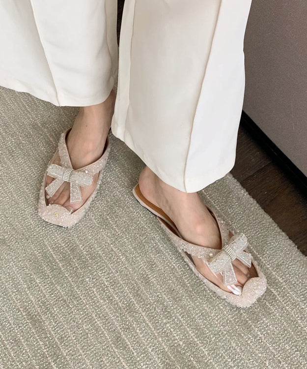 Beige Bow Zircon Splicing Stylish Slide Sandals