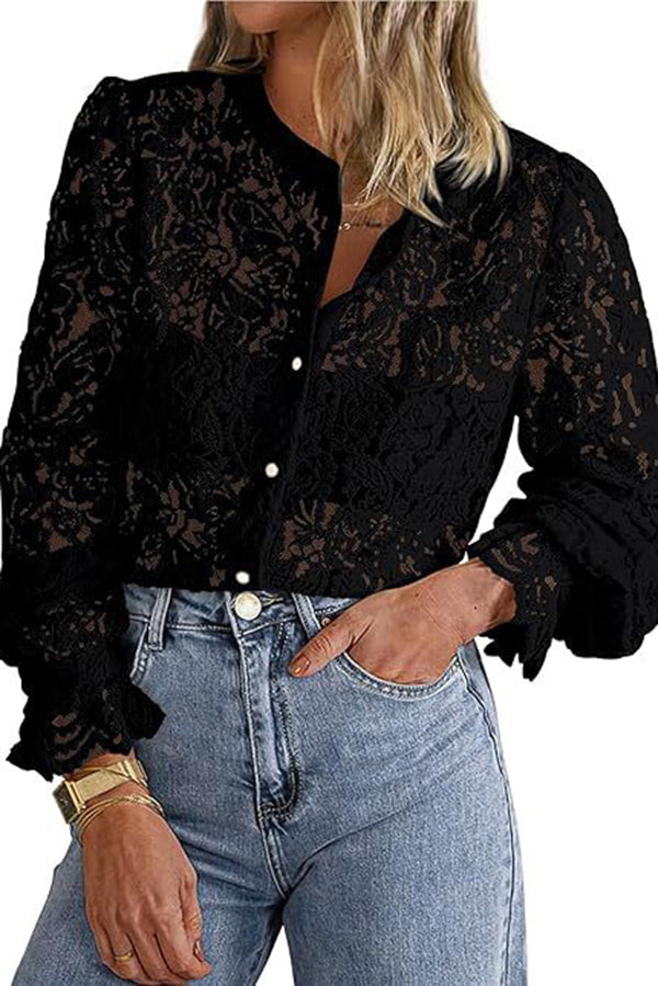 Lace Long-sleeved Casual Button-down Shirt