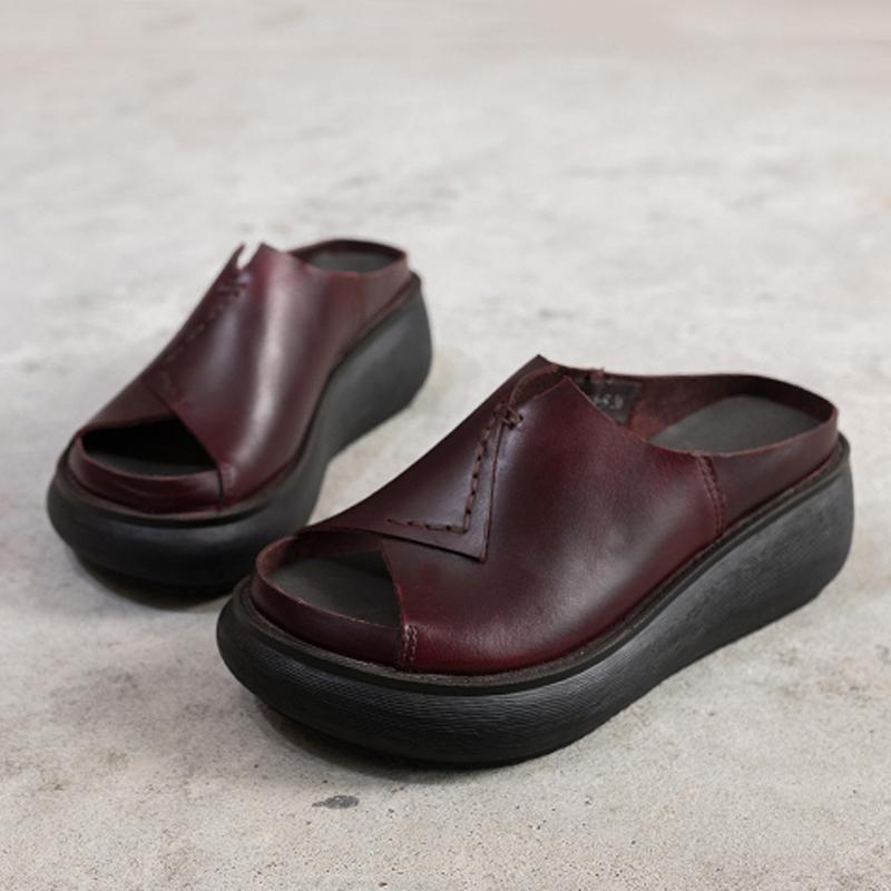 Sewing Platform Casual Leather Slippers