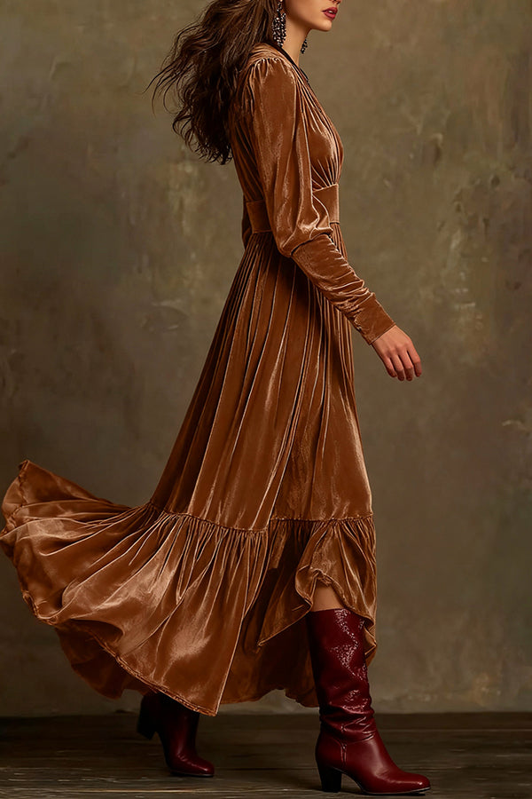 Velvet V-neck Long-sleeved High-waisted Maxi Dress