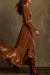 Velvet V-neck Long-sleeved High-waisted Maxi Dress