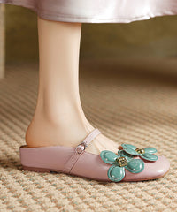 Pink Wedge Sheepskin Chic Floral Splicing Slide Sandals