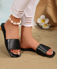 Black Faux Leather Slide Sandals Peep Toe