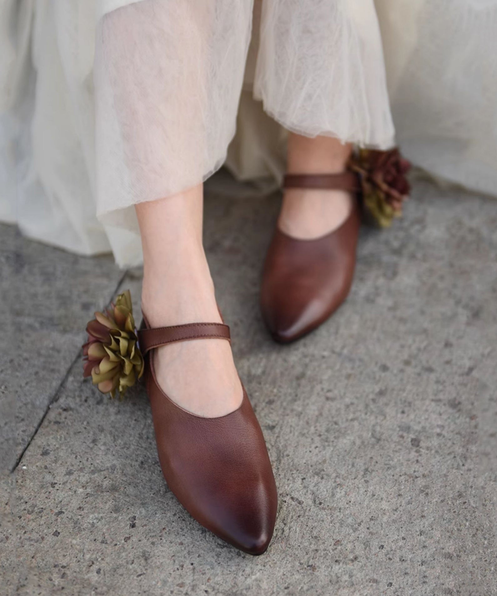 Coffee Flat Shoes For Buckle Strap Splicing Floral