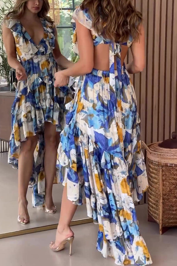 Boho Floral Print V-neck Backless Resort Maxi Dress