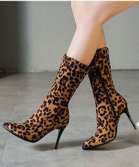 Leopard Print Genuine Leather Velour Fabric Zippered Boots Pointed Toe Boots
