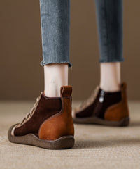 Boho Red Cowhide Leather Splicing Lace Up Boots