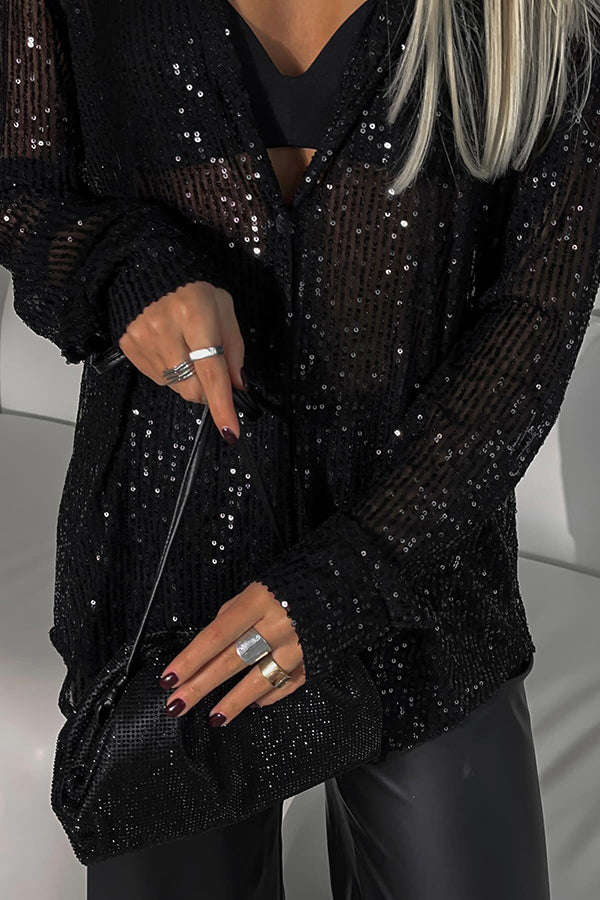 Sequin Lapel Long Sleeve Loose Shirt