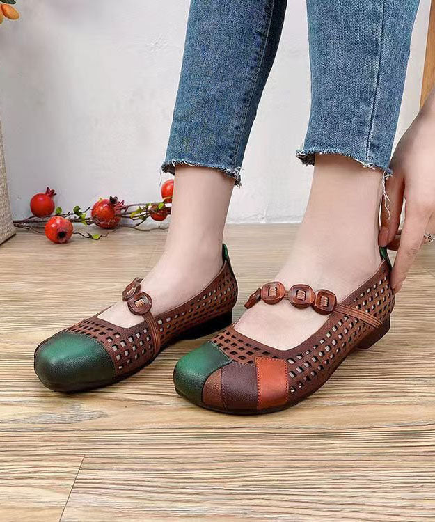 Splicing Flat Shoes Brown Hollow Out Cowhide Leather