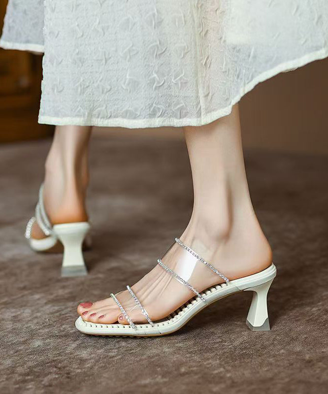 Apricot Clear Chunky Heel Zircon Slide Sandals Peep Toe