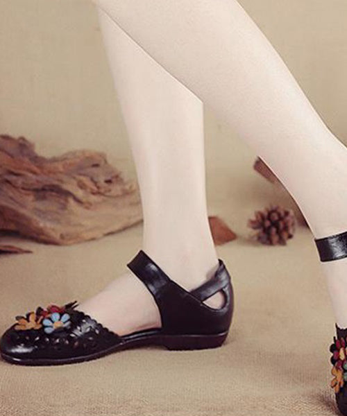 Splicing Hollow Out Walking Sandals Black Genuine Leather