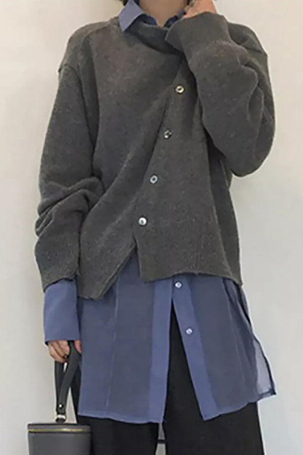 Irregular Button Knitted Crew Neck Sweater