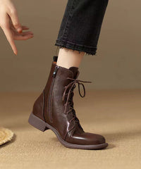 Cowhide Leather Boots Zippered Lace Up Splicing Brown