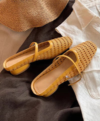 Splicing Chunky Yellow Faux Leather Hollow Out Slide Sandals