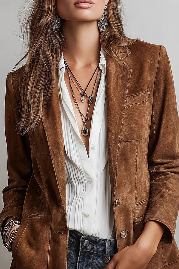 Suede Lapel Long-sleeved Casual Button-down Jacket
