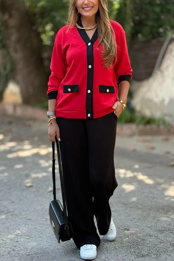 Color-blocked V-neck Knitted Button-down Cardigan and Elastic Waist Casual Wide-leg Pants Set