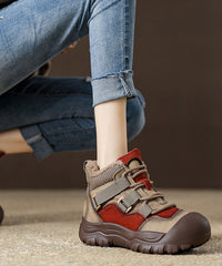 Red Cowhide Leather Boots Fuzzy Wool Lined Splicing Lace Up