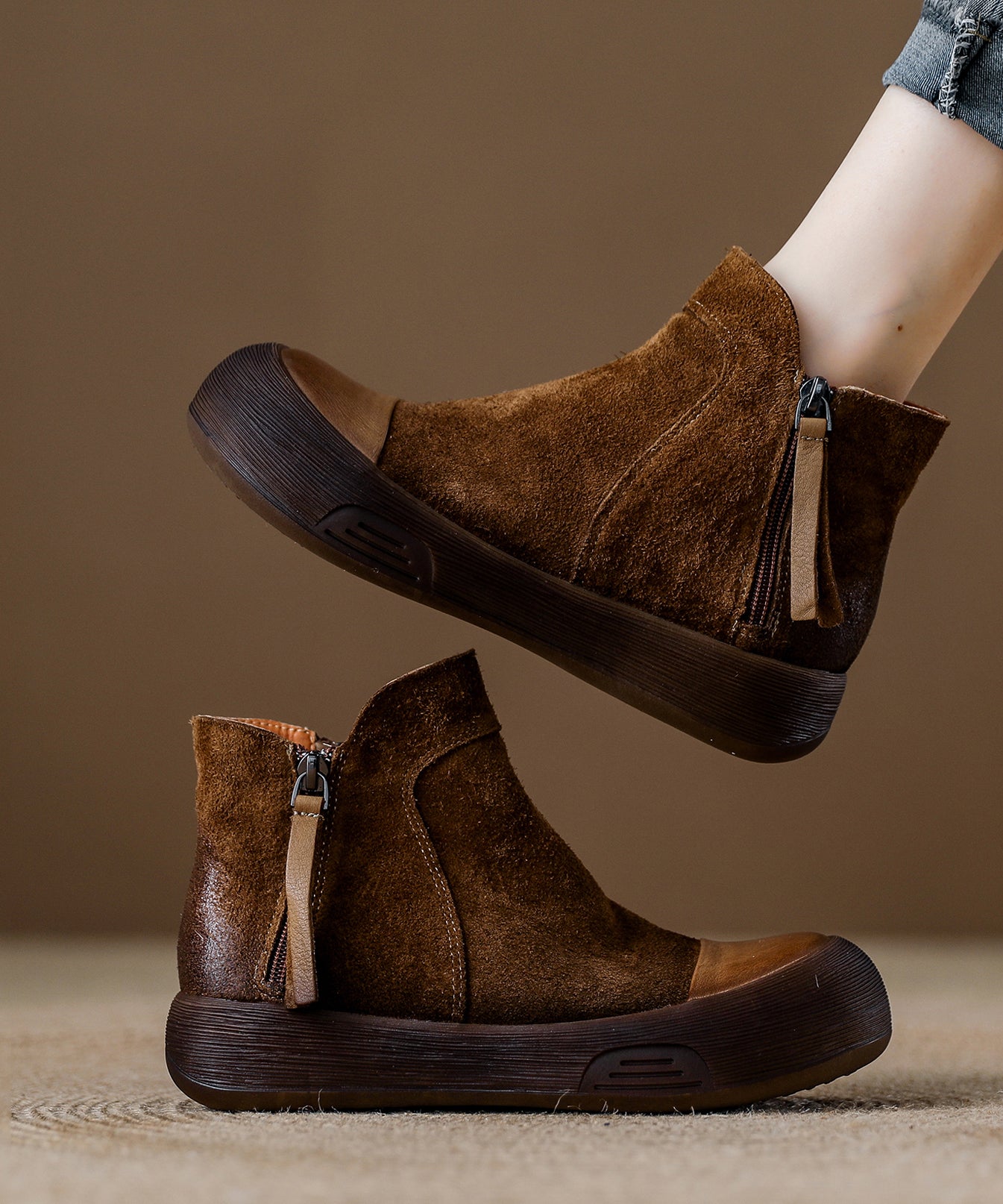 Casual Zippered Splicing Platform Boots Khaki Suede