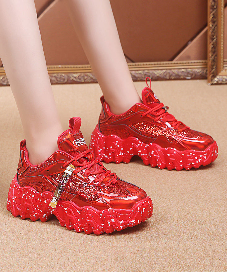 Red Platform Shoes Cowhide Leather Splicing Lace Up