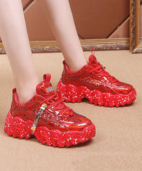 Red Platform Shoes Cowhide Leather Splicing Lace Up