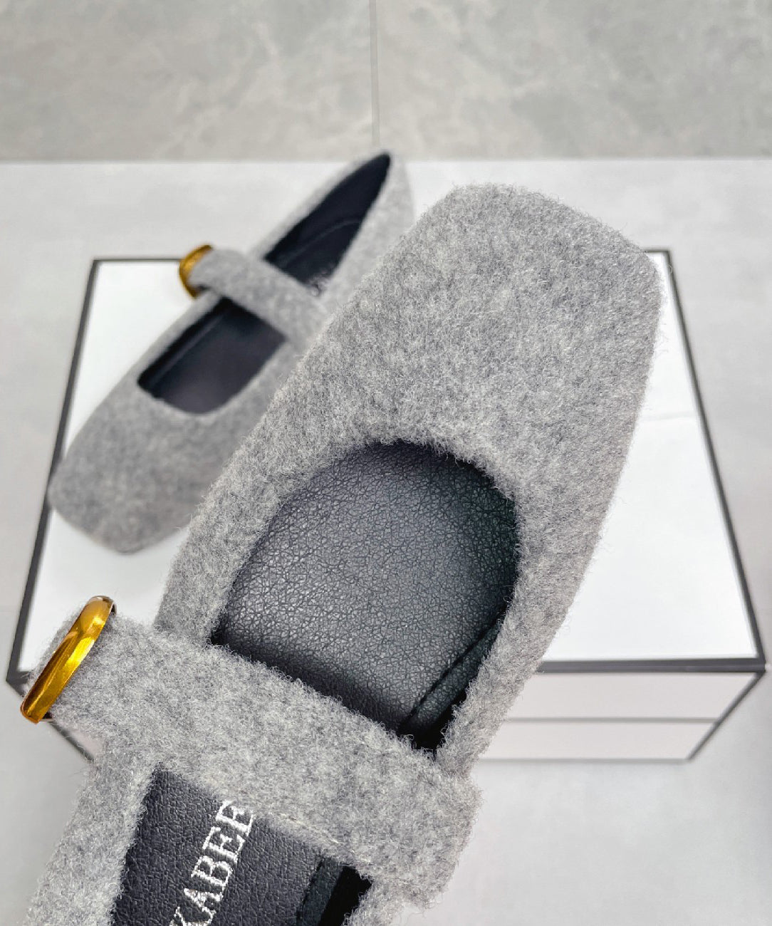 French Grey Fuzzy Fur Fluffy Soft Splicing Flat Feet Shoes Buckle Strap