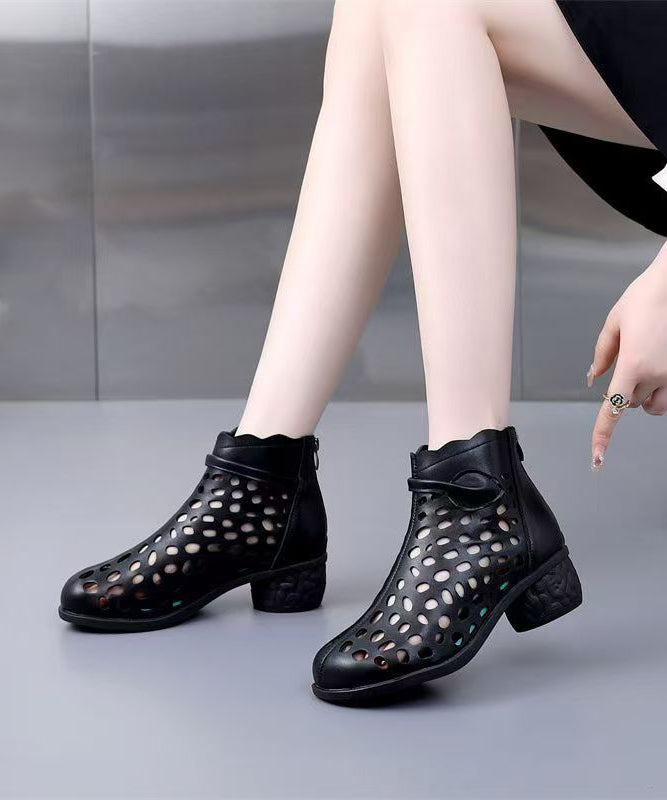 Splicing Chunky Boots White Faux Leather Hollow Out