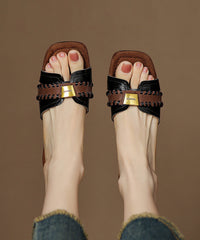 Classy Splicing Chunky Beige Cowhide Leather Slide Sandals