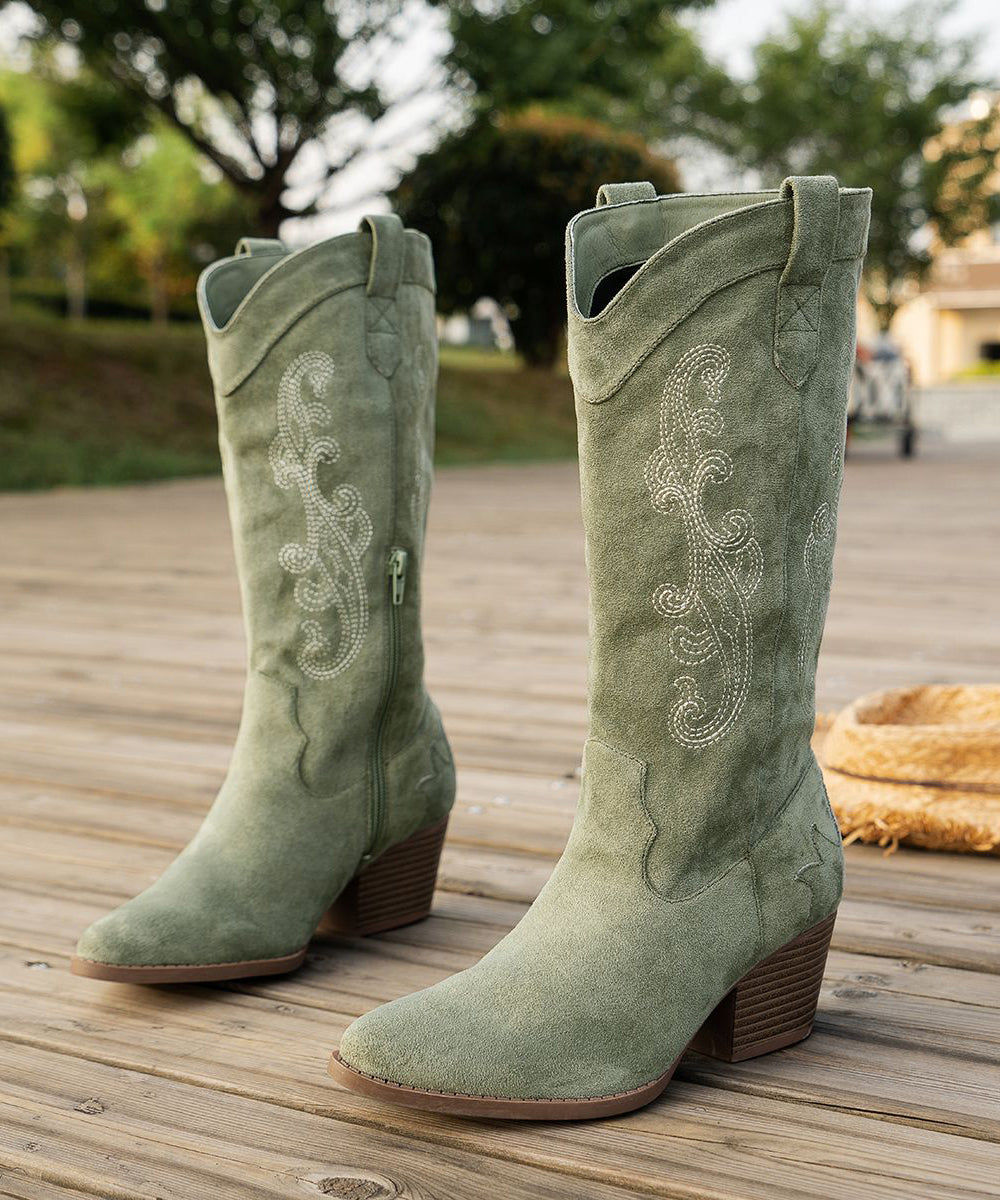 Purple Embossed Zippered Boots Chunky Suede Pointed Toe Boots