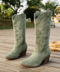 Purple Embossed Zippered Boots Chunky Suede Pointed Toe Boots