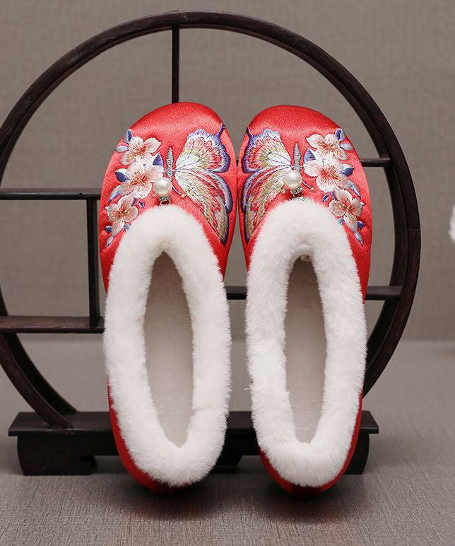 Red Fuzzy Wool Lined Embroidery Flats Shoes