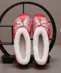 Red Fuzzy Wool Lined Embroidery Flats Shoes