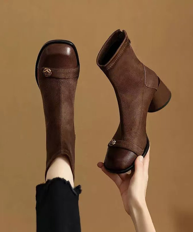 Stylish Brown Cowhide Leather Splicing Chunky Suede Boots