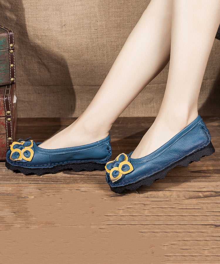 Handmade Blue Cowhide Leather Flower Flat Feet Shoe
