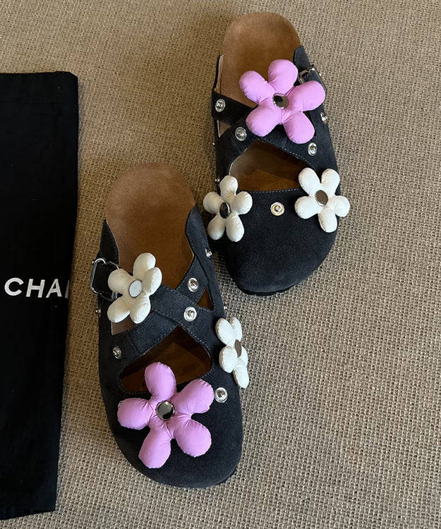 Dark Grey Suede Floral Rivet Splicing Stylish Slide Sandals