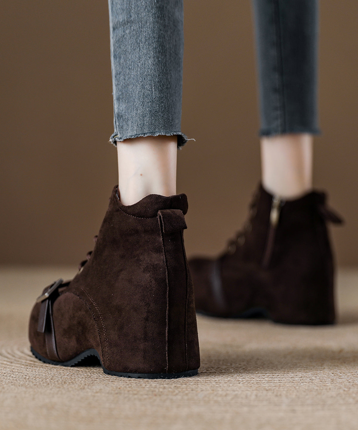 Stylish Camel Lace Up Suede Splicing Platform Boots