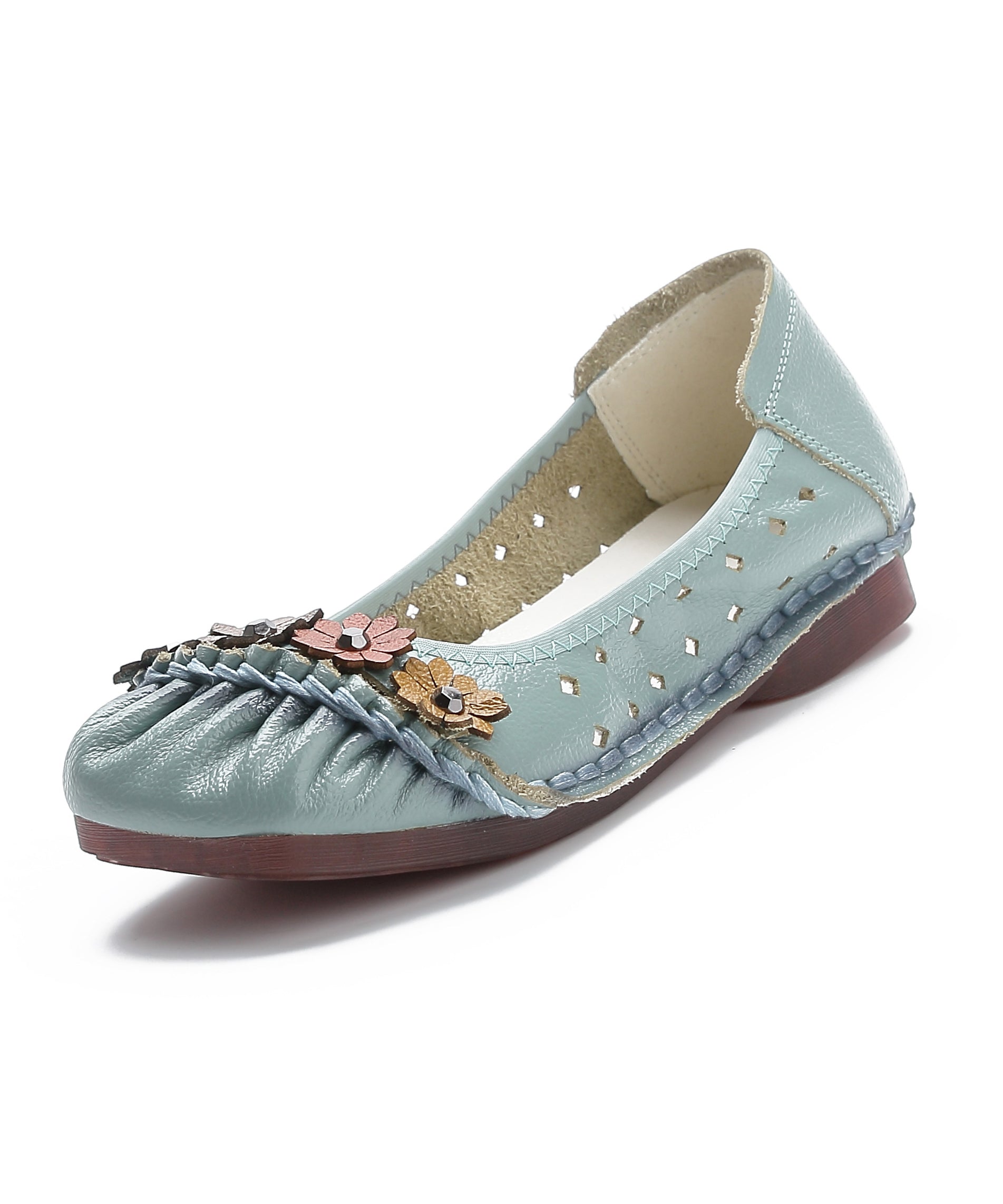 Retro Floral Splicing Flat Feet Shoes Black Cowhide Leather