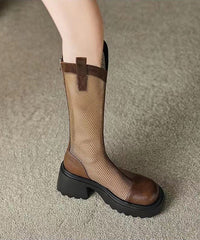Breathable Tulle Splicing Chunky Boots Black Cowhide Leather