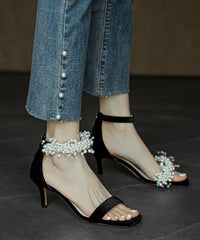 French Sexy Black Buckle Strap High Heel Sandals Nail Bead