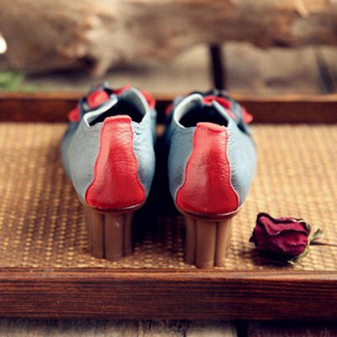 Cozy Flowers Leather Handmade Chunky Heels Comfy Shoes
