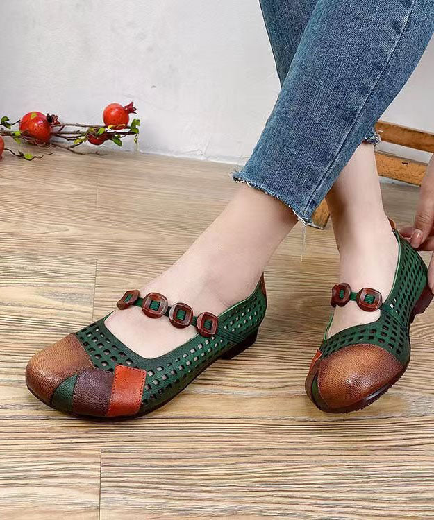 Splicing Flat Shoes Brown Hollow Out Cowhide Leather