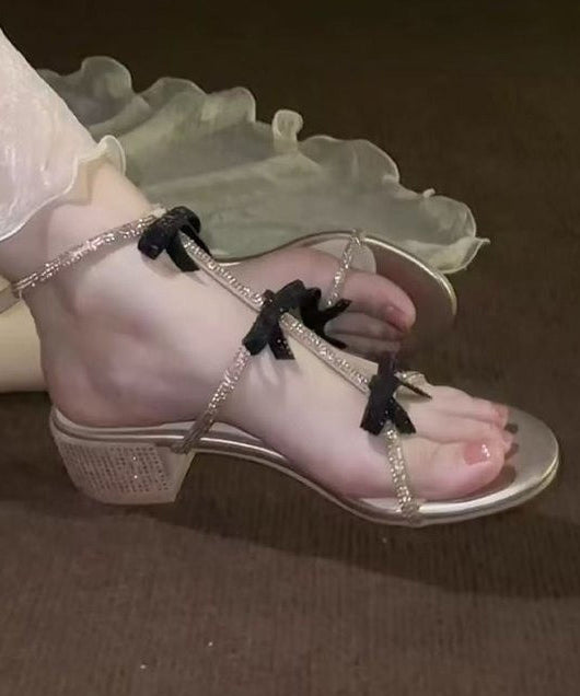 Stylish Chunky Heel Sandals Bow Zircon Peep Toe