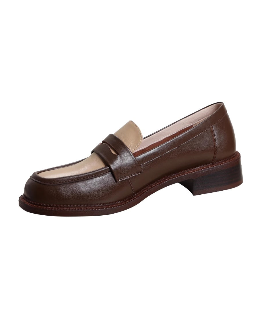 Brown Chunky Cowhide Leather Classy Splicing Loafer Shoes