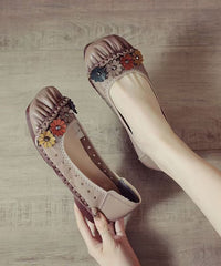 Retro Floral Splicing Flat Feet Shoes Black Cowhide Leather