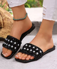 French Nail Bead Splicing  Black Faux Leather Slide Sandals