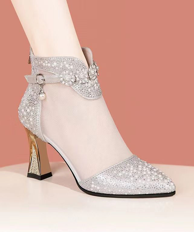 Silver High Heel Tulle Boots Water Diamond Pointed Head